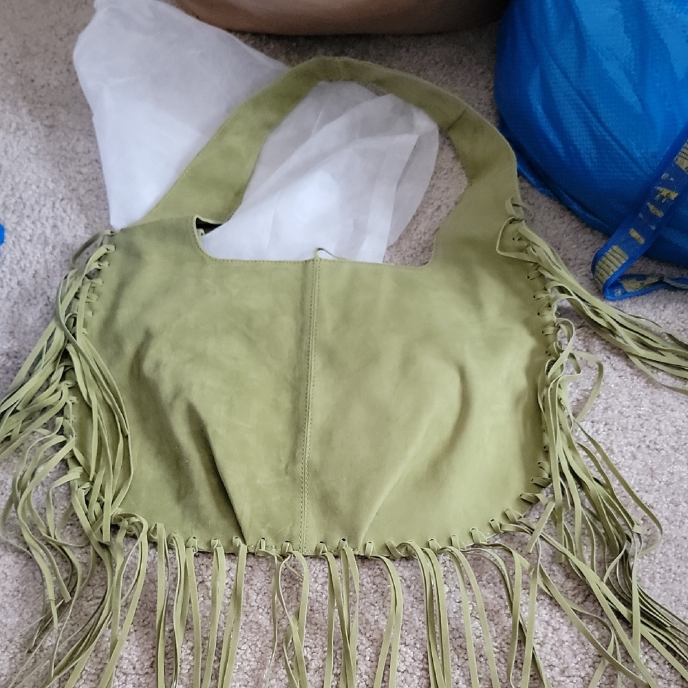 BOHO VIBES Fringe Hobo Shoulder Bag - Olive Green